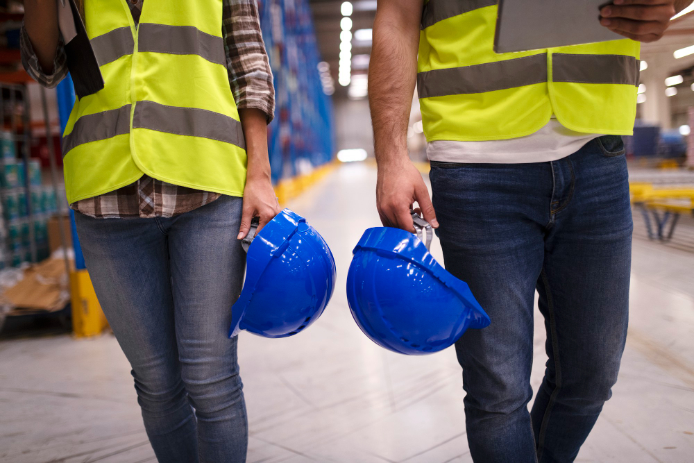 two-unrecognizable-workers-in-reflective-suit-walking-through-warehouse-and-holding-blue-protective-hardhats